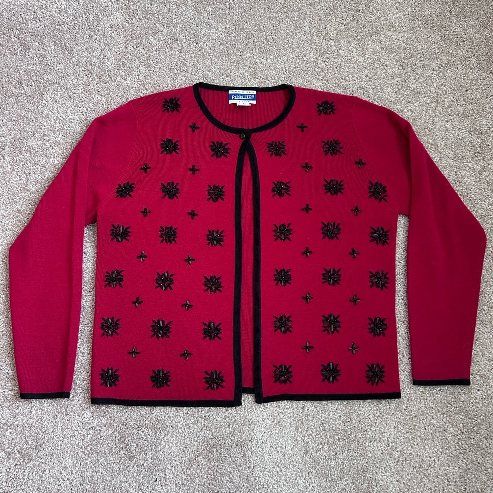 Women’s Vintage Pendalton Red Long Sleeve Sweater Set Wool Blend with Beading - Picture 5 of 12